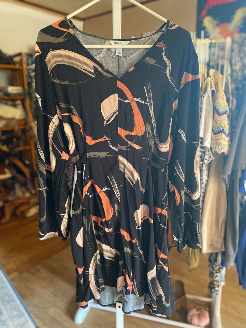 Nine West Black Abstract Print Long Sleeve V-Neck Mini Dress